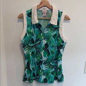 Tommy Bahama Green, Teal & White Tropical Leaf Sleeveless Polo
